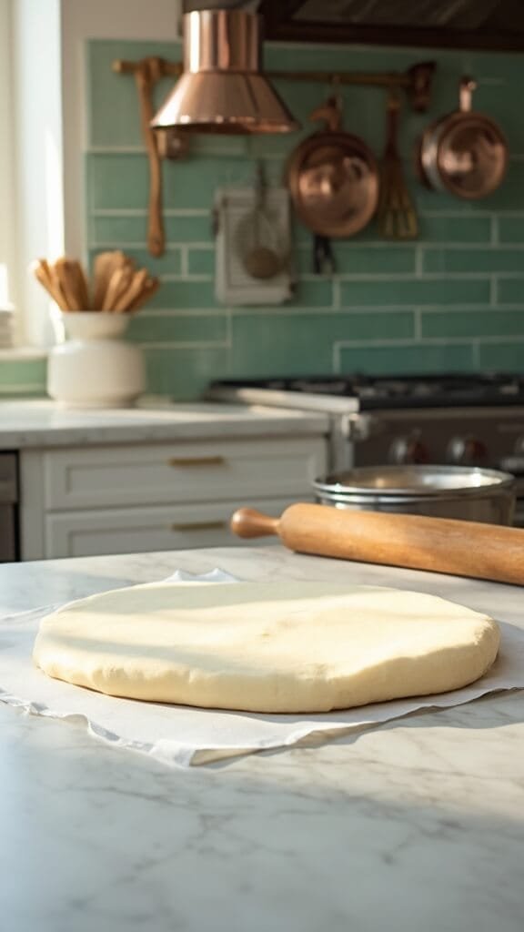 Keto Bbq Chicken Pizza With Fathead Crust 5 Rolled fathead dough on a silver baking sheet with a wooden rolling pin in a modern kitchen with green subway tile backsplash