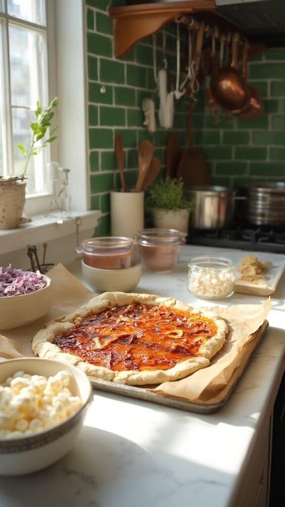 Keto Bbq Chicken Pizza With Fathead Crust 6 Pre-baked pizza crust with bbq sauce on a baking sheet in a modern kitchen, with ingredients like shredded chicken, sliced red onions, and mozzarella in prep bowls nearby