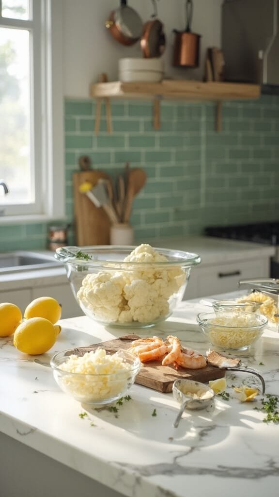 Keto Shrimp And Cauliflower Grits 3 Modern kitchen with white marble countertops and stainless steel appliances, sunlit through a large window, featuring green subway tile backsplash, cookware, prep bowls with raw ingredients like cauliflower, shrimp, garlic, and cheese, alongside fresh herbs and lemon wedges.