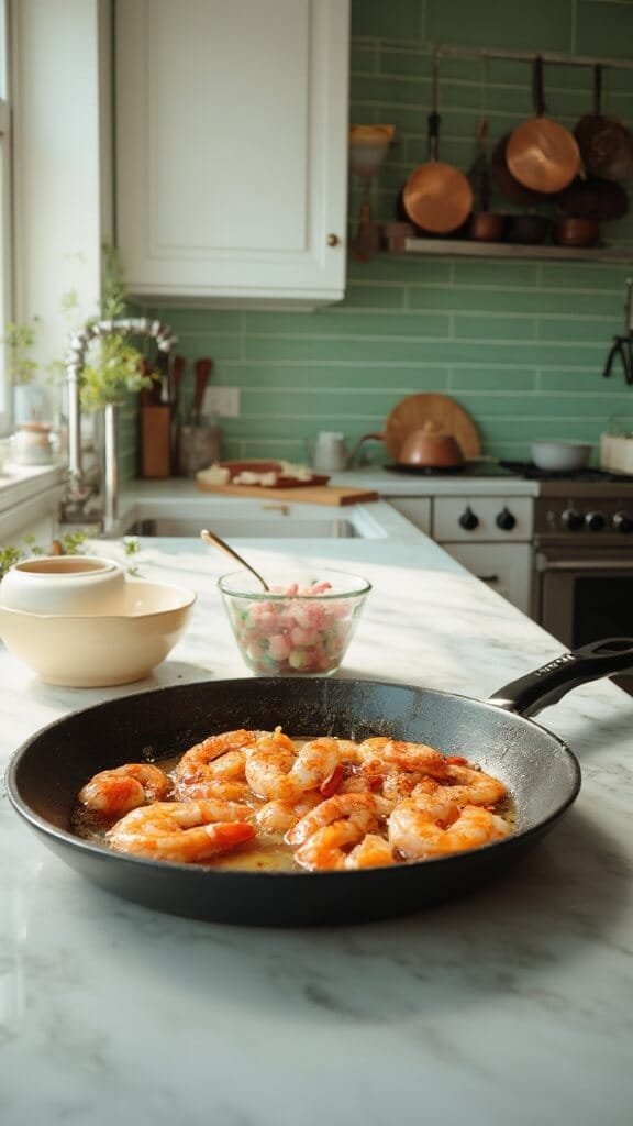 Keto Shrimp And Cauliflower Grits 5 Shrimp cooking in butter and cajun seasoning in a modern kitchen with white marble countertops, green subway tiles backsplash, and natural daylight