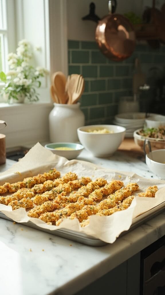 Crispy Baked Keto Zucchini Fries 5 Raw breaded zucchini fries on parchment-lined baking sheet in a modern kitchen with white marble countertops and green subway tile backsplash, shot in natural daylight.