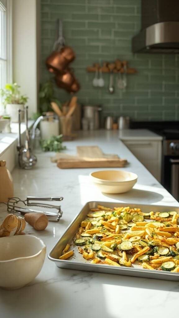 Crispy Baked Keto Zucchini Fries 6 Half-baked zucchini fries on a baking sheet in a modern kitchen with green subway tile backsplash, warm lighting, and wooden utensils