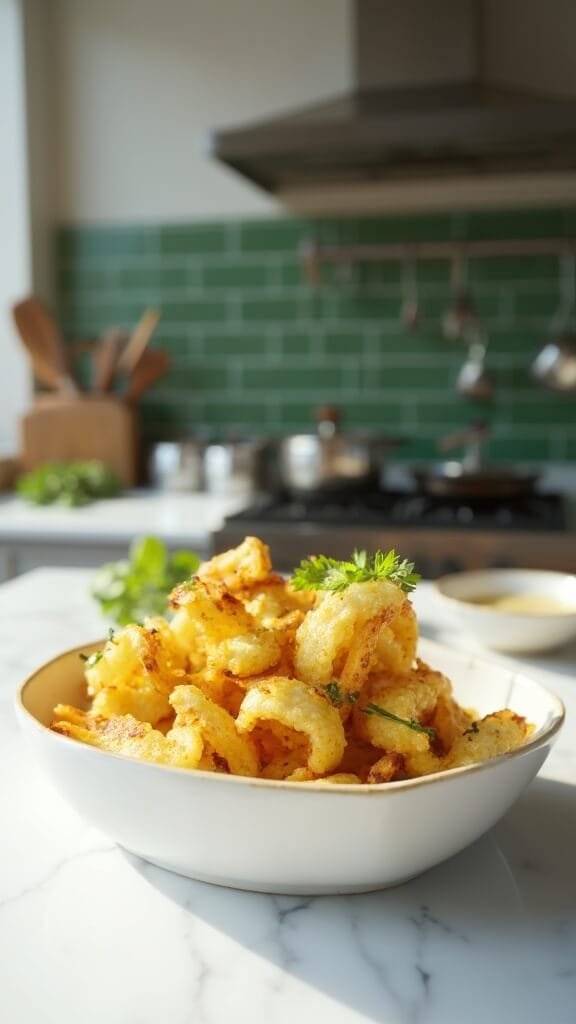 Crispy Baked Keto Zucchini Fries 7 Crispy golden-brown zucchini fries in a white ceramic dish with garlic aioli, in a modern kitchen with green subway tile backsplash and white marble countertops