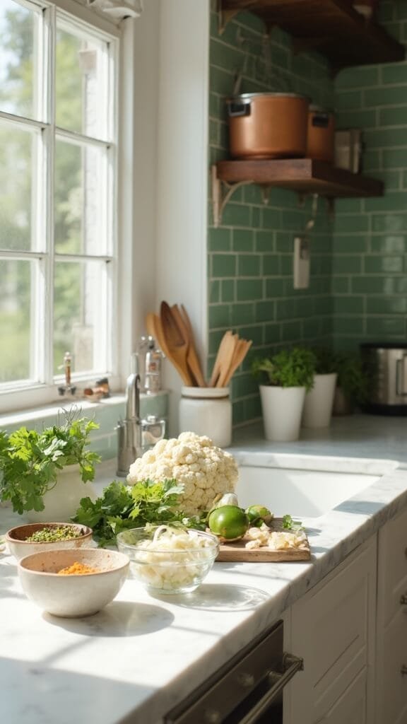 Low-Carb Mexican Cauliflower Rice 3 Fresh produce and spices on a modern kitchen counter with green subway tile backsplash, under natural daylight