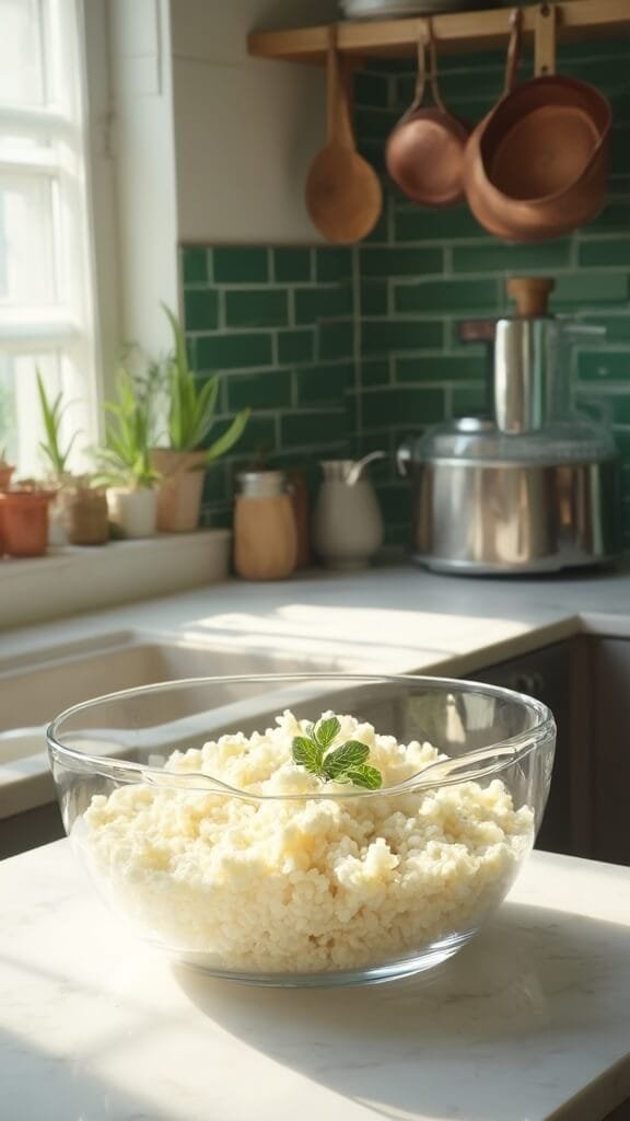 Low-Carb Mexican Cauliflower Rice 4 Riced cauliflower in a clear bowl in a modern kitchen with green subway tile backsplash, wooden utensils, and cookware, lit by natural daylight.