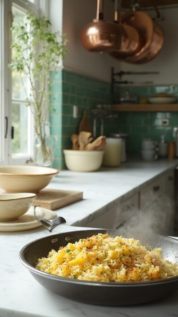 Low-Carb Mexican Cauliflower Rice 6 Cauliflower rice cooking in skillet on modern kitchen counter, illuminated by natural daylight