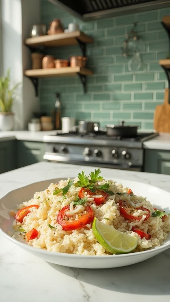 Low-Carb Mexican Cauliflower Rice 7 Perfectly cooked cauliflower rice with tomatoes, cilantro, and lime in a white ceramic bowl, in a modern kitchen with white marble countertops and green subway tile backsplash