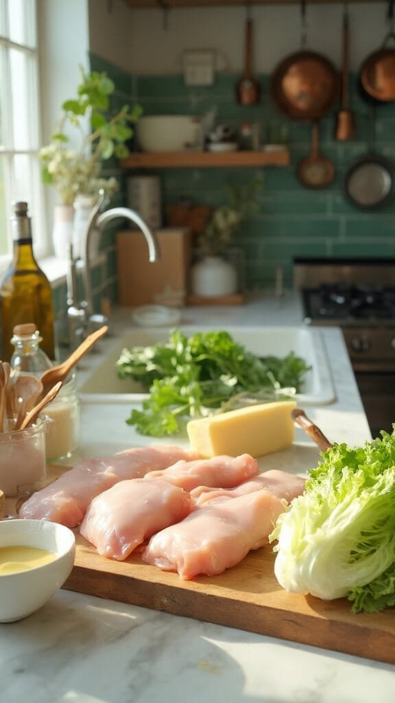 Keto Chicken Caesar Wraps (Lettuce Wraps) 3 Raw chicken breasts and fresh ingredients on a modern kitchen countertop in natural daylight
