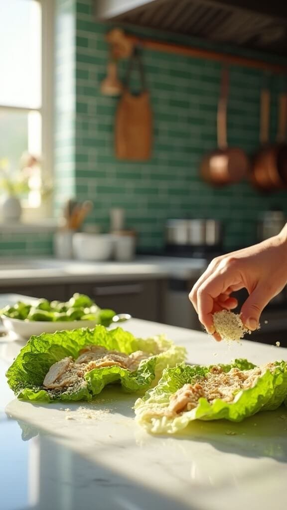 Keto Chicken Caesar Wraps (Lettuce Wraps) 6 Chicken and parmesan lettuce wraps being prepared in a modern kitchen with wooden utensils and ceramic bowls