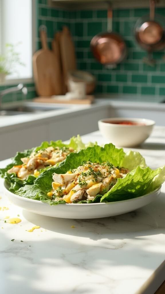 Keto Chicken Caesar Wraps (Lettuce Wraps) 7 Professional food photography of two lettuce wraps with chicken and parmesan on a white ceramic plate in a modern kitchen
