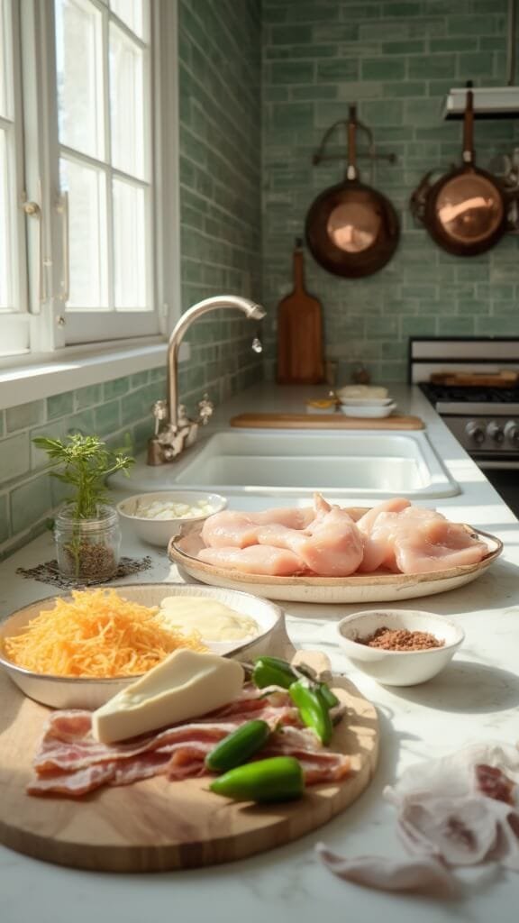 Spicy Keto Jalapeño Popper Chicken 3 Raw ingredients for cooking including chicken, cream cheese, jalapeños, bacon, and grated cheddar on a modern kitchen countertop with wooden utensils and cream-colored ceramic prep bowls.