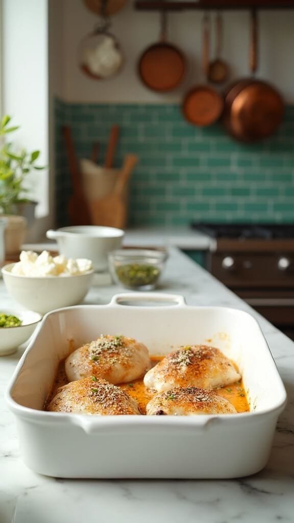 Spicy Keto Jalapeño Popper Chicken 4 Seasoned chicken breasts arranged in a white baking dish, accompanied by diced jalapeños and cream cheese in prep bowls, in a modern kitchen with green subway tile backsplash and copper pots.