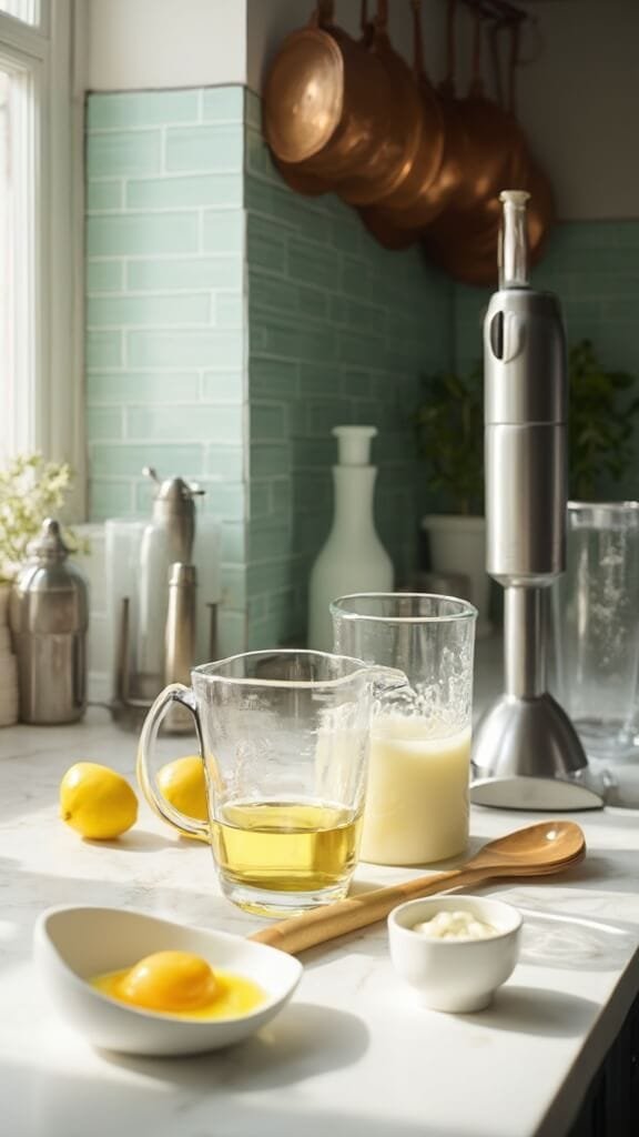 Perfect Homemade Keto Mayonnaise (2-Minute Recipe) 3 Ingredients for keto mayo including olive oil, egg, lemon juice, and dijon mustard on a white marble countertop in a modern kitchen with green subway tile backsplash