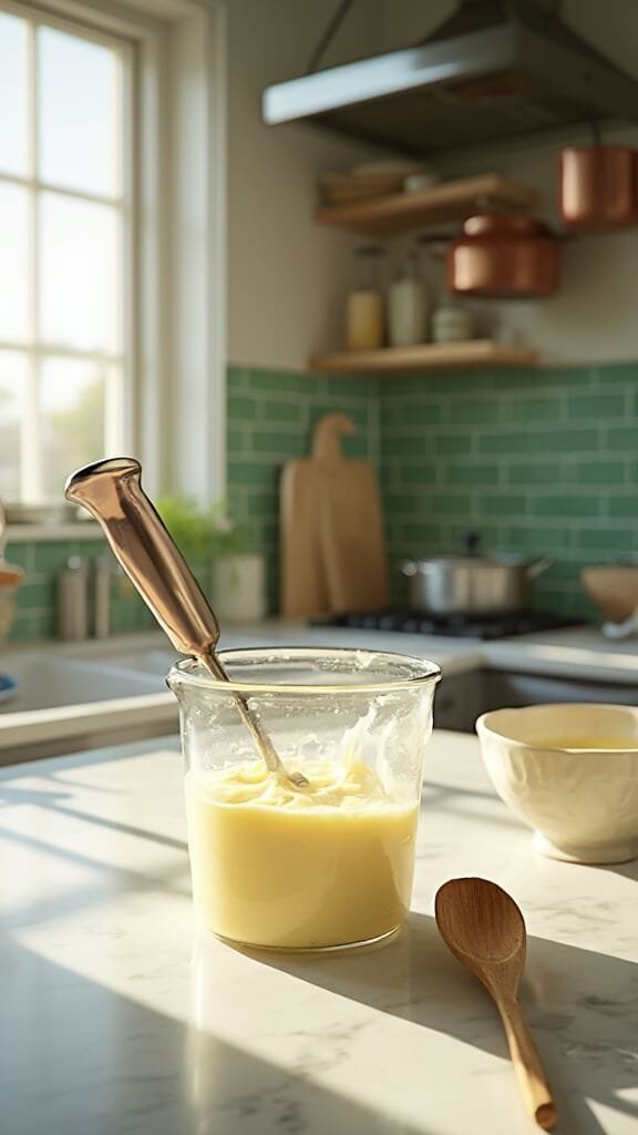 Perfect Homemade Keto Mayonnaise (2-Minute Recipe) 6 Modern kitchen with marble countertops, stainless steel appliances, and green tile backsplash, featuring wooden utensils, cream-colored prep bowls, and a clear container with perfectly consistent mayonnaise.