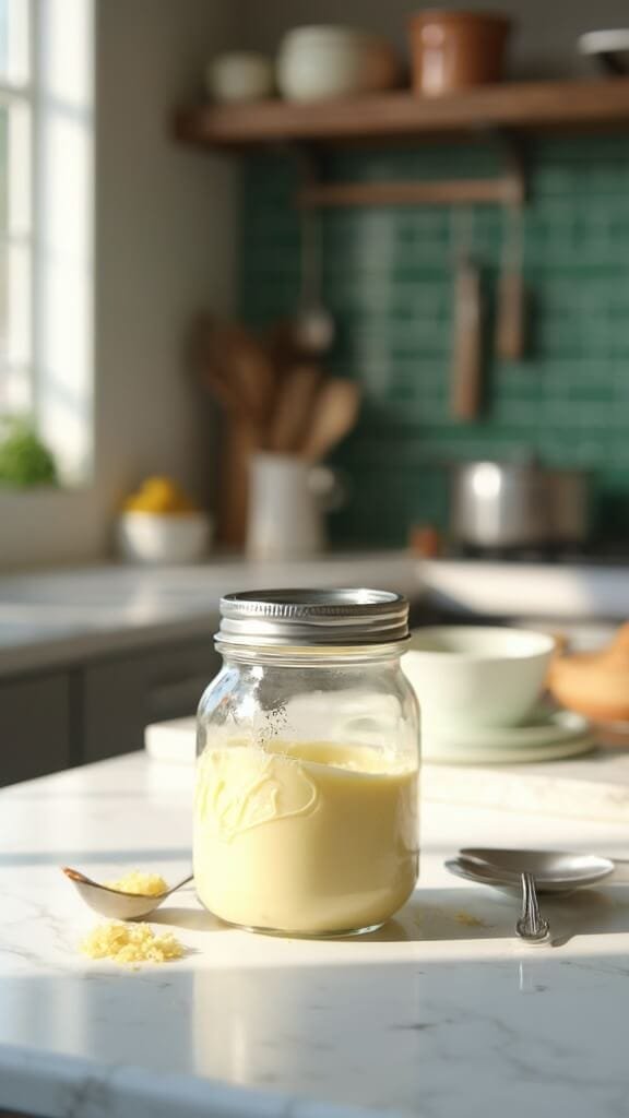 Perfect Homemade Keto Mayonnaise (2-Minute Recipe) 7 Professional food photography of a kitchen scene featuring modern cookware, wooden utensils, and homemade mayonnaise in a clear glass mason jar, taken with daylight from a window.