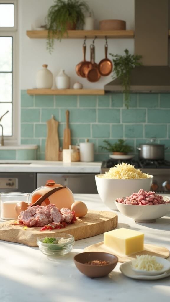 Keto Sausage And Egg Breakfast Bowl (Quick &Amp; Customizable) 3 Modern kitchen with white marble countertops, stainless steel appliances and green subway tile backsplash, featuring cooking ingredients such as fresh eggs, sausage chunks, shredded cheddar, butter, and herbs arranged attractively on wooden and ceramic utensils.