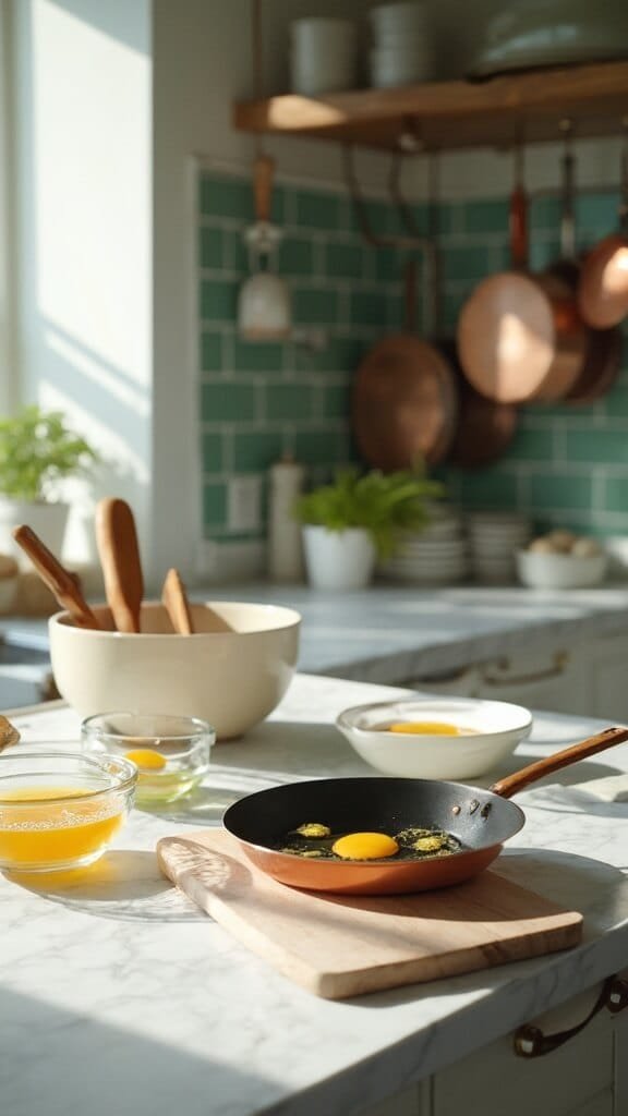 Keto Sausage And Egg Breakfast Bowl (Quick &Amp; Customizable) 4 Modern kitchen scene with white marble countertops, green subway tile backsplash, and wooden utensils with whisked eggs in a clear glass bowl and skillet with bubbling butter