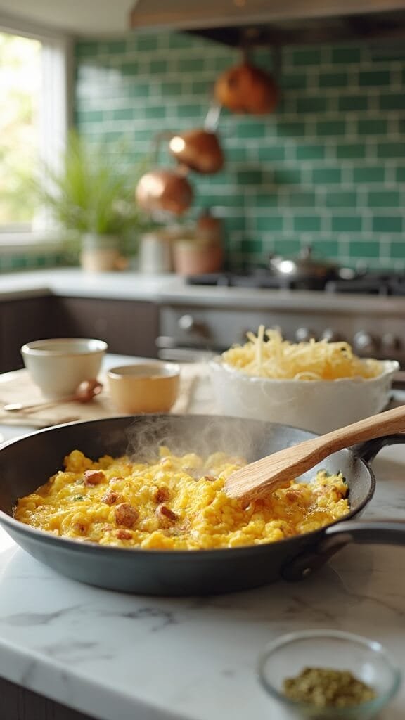 Keto Sausage And Egg Breakfast Bowl (Quick &Amp; Customizable) 5 Scrambled eggs being cooked in modern kitchen with wooden utensils and cream-colored bowls, lit by natural daylight