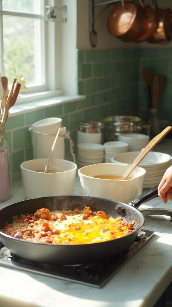 Keto Sausage And Egg Breakfast Bowl (Quick &Amp; Customizable) 6 Professional food photography of creamy scrambled eggs with sausage and cheese in a modern kitchen with white marble countertops and green subway tiles