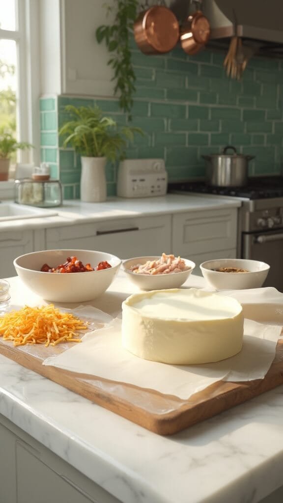 Keto Turkey And Cheese Pinwheels 3 Professional food photography of cream cheese preparation with cheddar, bacon, and turkey in a modern kitchen with green subway tiles and copper pots, shot with natural daylight from the left.