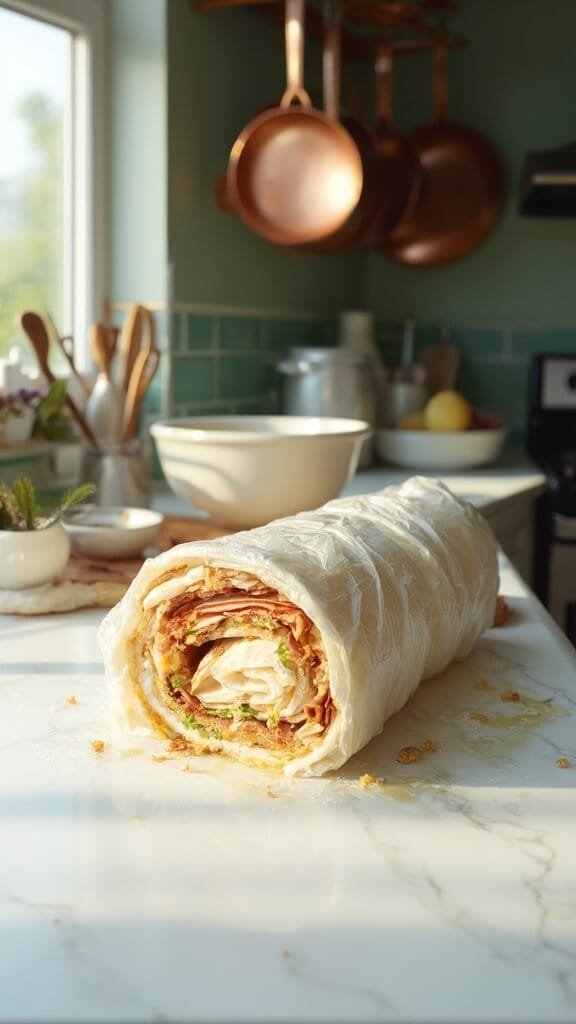 Keto Turkey And Cheese Pinwheels 5 Professional food photography of a turkey, cream cheese, bacon, and cheddar roll being wrapped in a modern kitchen with green subway tiles and stainless steel appliances