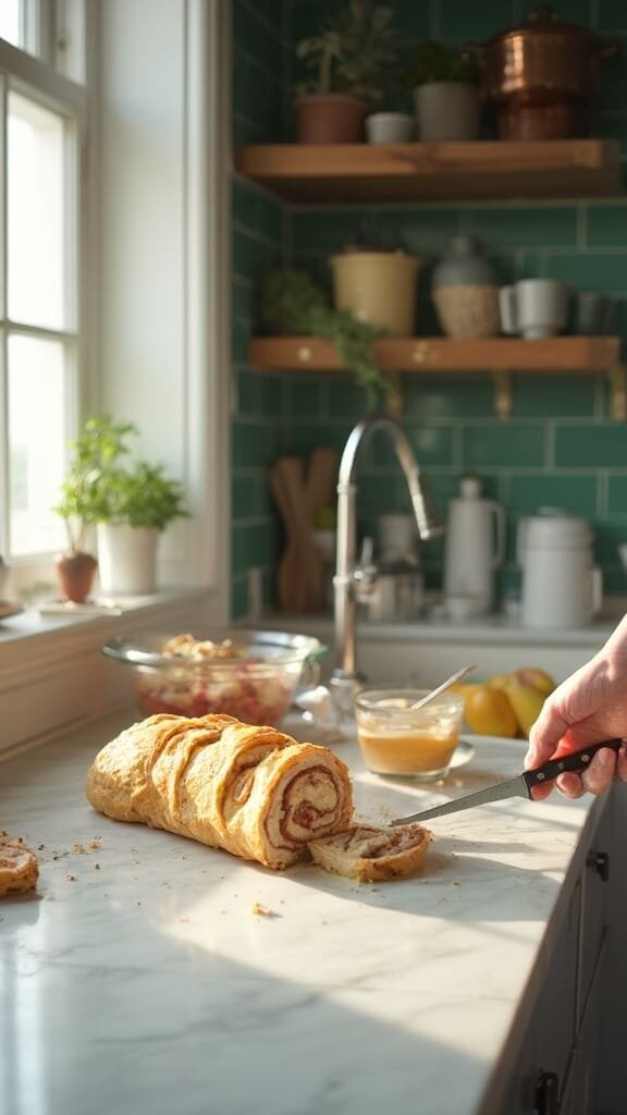 Keto Turkey And Cheese Pinwheels 6 Professional food photographer slicing a chilled roll in a modern kitchen with white marble countertops, wooden utensils and cream-colored prep bowls, lit by natural daylight.