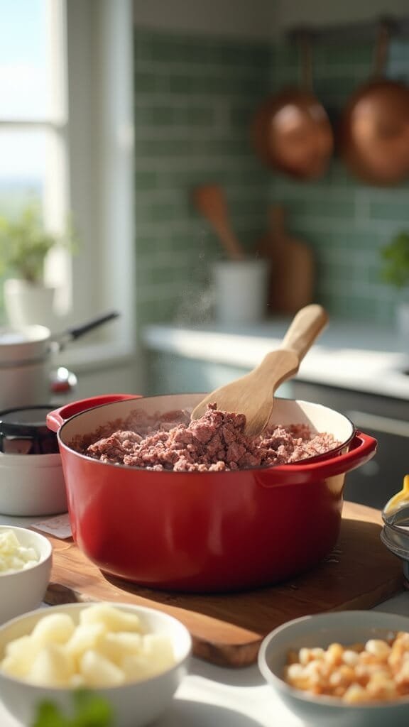 Low-Carb Taco Soup With Ground Beef 4 Ground beef browning in a red dutch oven in a modern white marble countertop kitchen, with wooden utensils and prep bowls of onions and garlic nearby