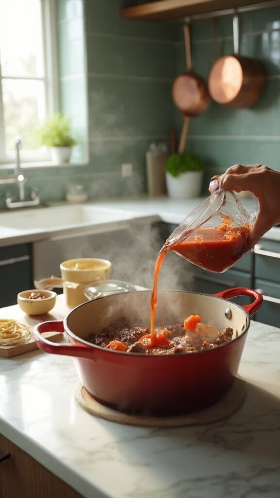 Low-Carb Taco Soup With Ground Beef 5 Rotel tomatoes being poured into a dutch oven with browned meat and onions in a modern kitchen