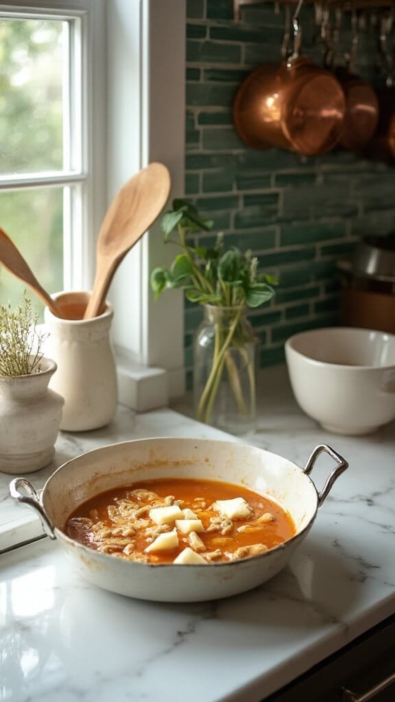Low-Carb Taco Soup With Ground Beef 6 Professional food photography of cream cheese being stirred into simmering soup in a modern kitchen with white marble countertops and green subway tiles backsplash