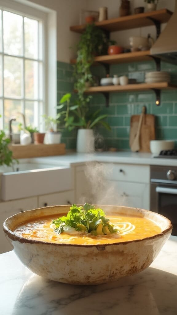 Low-Carb Taco Soup With Ground Beef 7 Final garnished soup in a rustic ceramic bowl with fresh cilantro, diced avocado, and a dollop of sour cream on a white marble countertop in a modern kitchen with green subway tile backsplash.