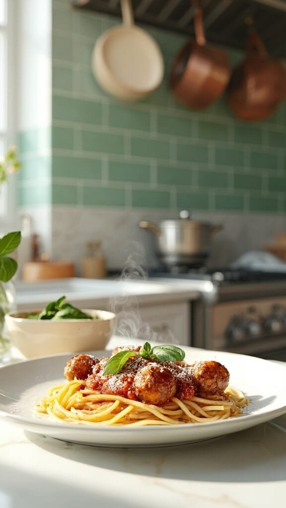 Keto Spaghetti With Meatballs (Zoodles) 7 Zoodles with meatballs and sauce on white plate in a modern kitchen with green tile backsplash, wooden utensils, and ceramic prep bowls, illuminated by natural daylight