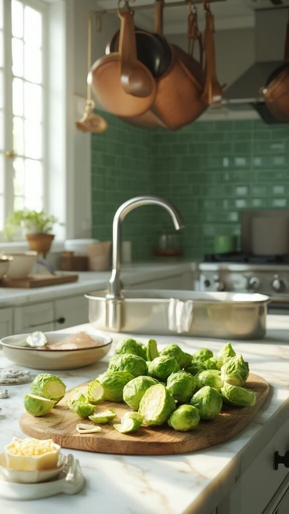 Garlic Butter Keto Brussels Sprouts - A Quick &Amp; Easy Low-Carb Side Dish 3 Fresh brussels sprouts on a wooden cutting board, minced garlic in a bowl, and butter on a dish in a modern kitchen with green subway tile backsplash and warm earthy color grading.