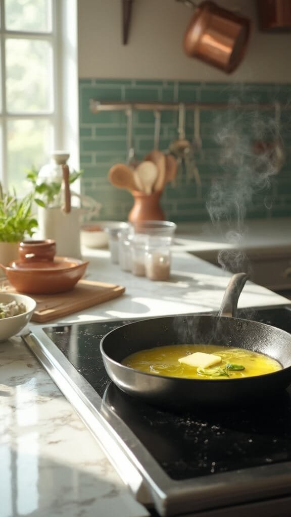 Garlic Butter Keto Brussels Sprouts - A Quick &Amp; Easy Low-Carb Side Dish 4 Modern green-tiled kitchen with marble countertops, wooden utensils, cream ceramic bowls, and copper pots, featuring a skillet on a stovetop with melting aromatic garlic butter, shot from a 45-degree angle with a canon 5d mark iv.