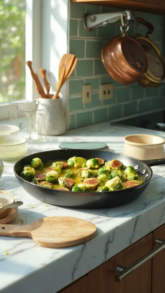 Garlic Butter Keto Brussels Sprouts - A Quick &Amp; Easy Low-Carb Side Dish 5 Brussels sprouts sizzling in pan on modern kitchen countertop under natural daylight