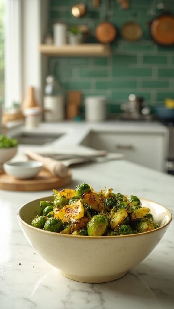 Garlic Butter Keto Brussels Sprouts - A Quick &Amp; Easy Low-Carb Side Dish 7 Modern kitchen with white marble countertops, stainless steel appliances, green subway tile backsplash, and cream-colored ceramic bowl of caramelized brussels sprouts with garlic butter and fresh cracked black pepper.