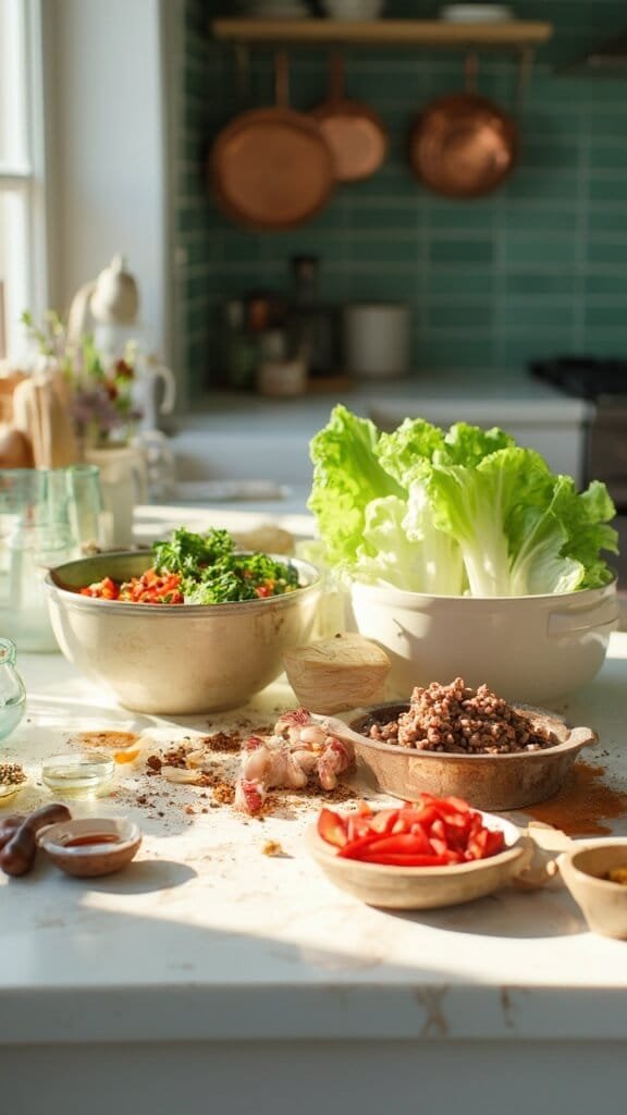 Keto Asian Beef Lettuce Wraps 3 Modern kitchen scene with white marble countertops, stainless steel appliances, and green subway tile backsplash. Fresh ingredients like lettuce, beef, red peppers, garlic and spices are artfully arranged on the counter. Visible in the background are a bottle of sesame oil and coconut aminos.