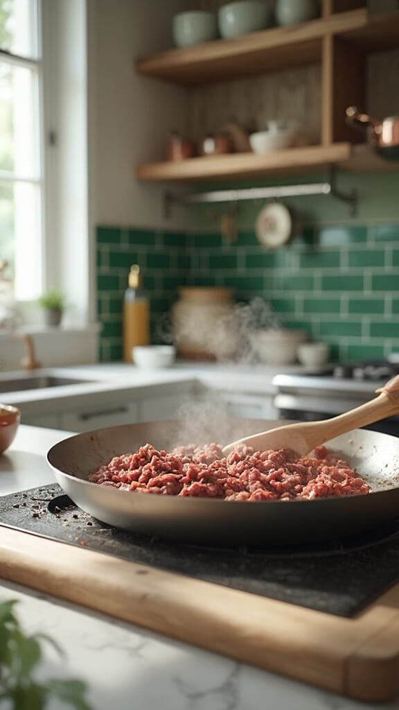 Keto Asian Beef Lettuce Wraps 4 Ground beef browning in a stainless steel skillet in a modern kitchen with green subway tile backsplash, wooden utensils, and cream-colored prep bowls, lit by natural daylight.