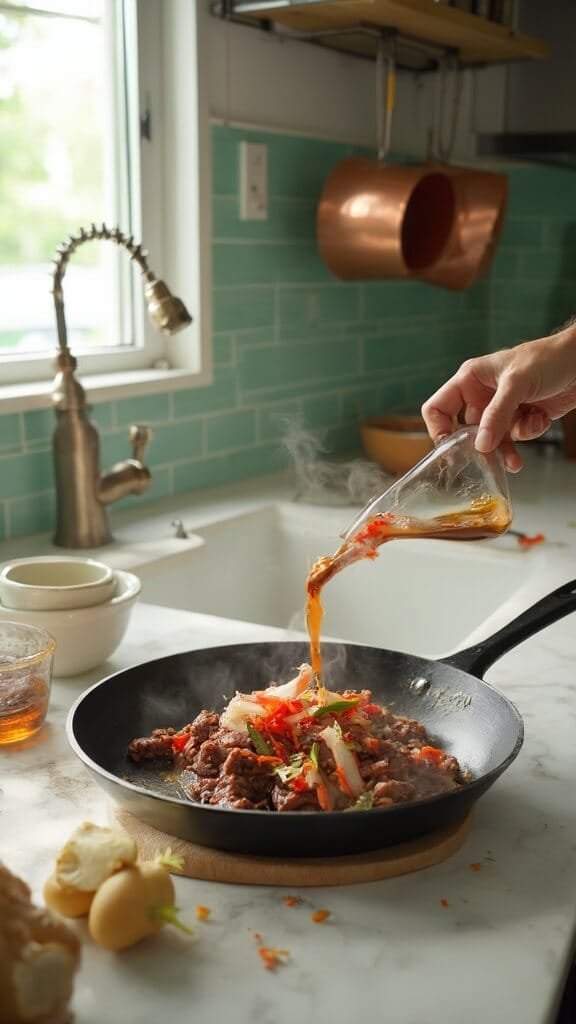 Keto Asian Beef Lettuce Wraps 5 Modern kitchen scene displaying sautéed red peppers and water chestnuts being added to browned beef in a skillet, with coconut aminos being drizzled over, amidst warm, earthy color grading