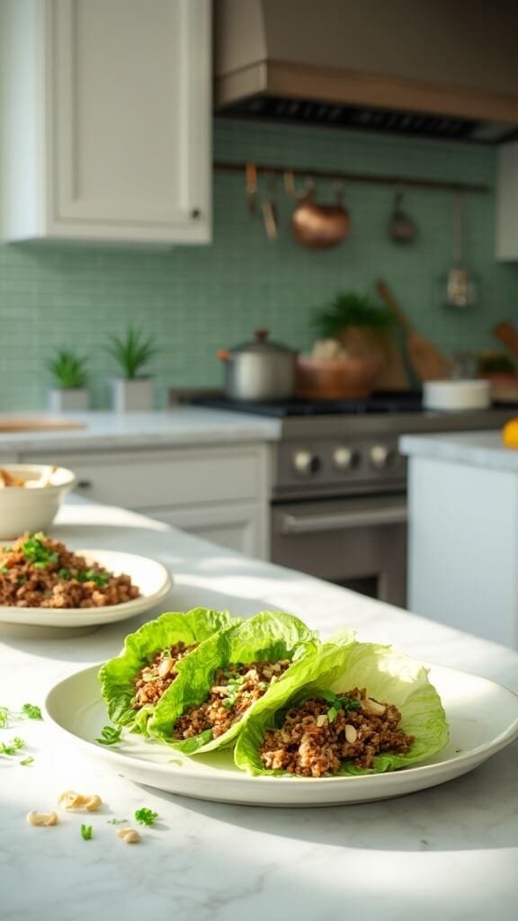 Keto Asian Beef Lettuce Wraps 7 Three beef lettuce wraps garnished with green onions and chopped cashews on a white ceramic plate in a modern kitchen with green subway tile backsplash and copper pots