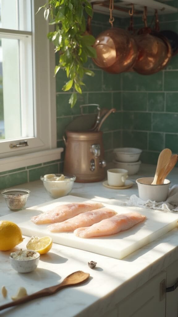 Zesty Keto Lemon Butter Cod 3 Fresh cod fillets on a white marble countertop in a modern kitchen with wooden utensils, ceramic prep bowls, and measured seasonings