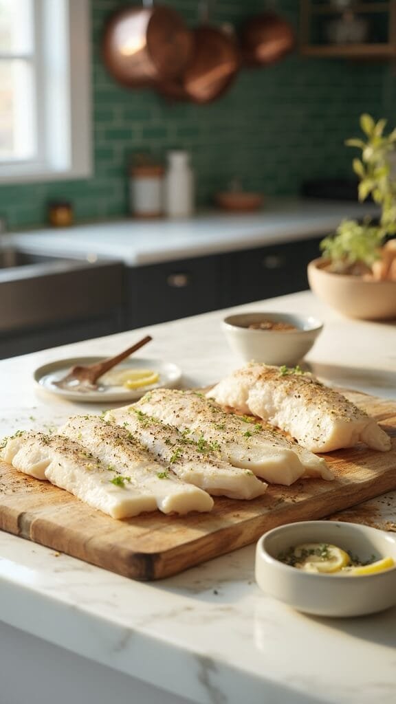Zesty Keto Lemon Butter Cod 4 Seasoned cod fillets on cutting board with zested lemon and minced garlic in kitchen with modern green subway tile backsplash