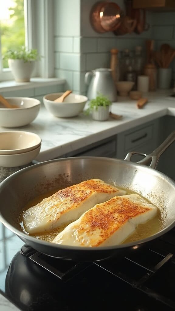 Zesty Keto Lemon Butter Cod 5 Two cod fillets searing in a stainless steel skillet, surrounded by modern kitchenware in a brightly lit, white marble kitchen