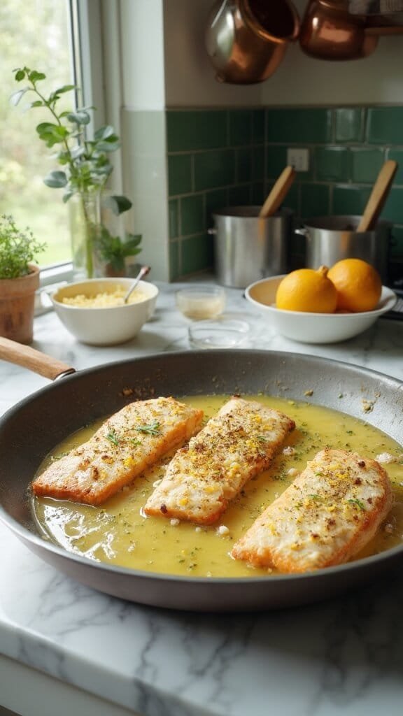 Zesty Keto Lemon Butter Cod 6 Four golden-crusted cod fillets in a pan, with minced garlic and lemon zest being scattered over, in a modern kitchen lit by natural daylight