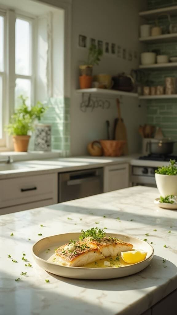 Zesty Keto Lemon Butter Cod 7 Plated cod fillets with lemon-butter sauce and fresh parsley in a modern kitchen setting