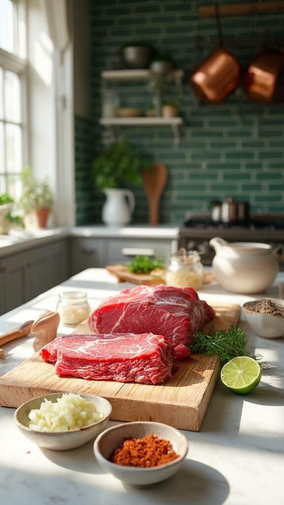 Slow Cooker Keto Beef Barbacoa 3 Raw beef chuck roast on a wooden cutting board with ingredients like onions, garlic, chipotle peppers, lime, and spices in a well-lit modern kitchen