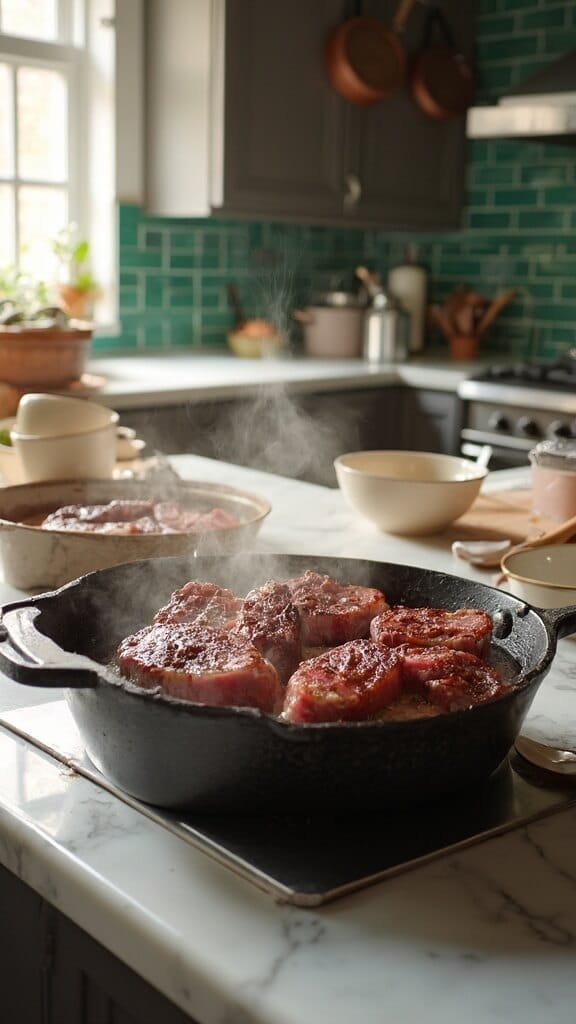 Slow Cooker Keto Beef Barbacoa 4 Searing beef in a cast-iron skillet in a modern kitchen lit with natural daylight