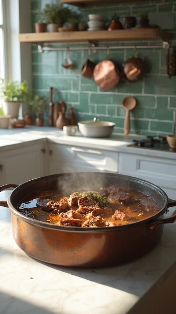 Slow Cooker Keto Beef Barbacoa 5 Seared beef with seasonings in a slow cooker in a modern kitchen with white marble countertops and stainless steel appliances