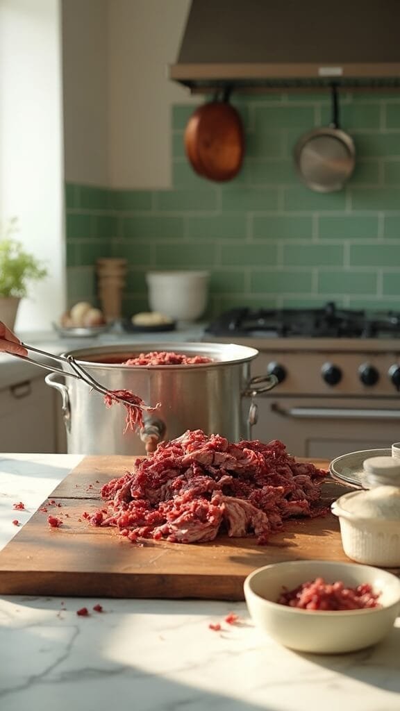 Slow Cooker Keto Beef Barbacoa 6 Professional food photography of shredded, fully-cooked beef on a modern kitchen countertop with warm, earthy color grading.