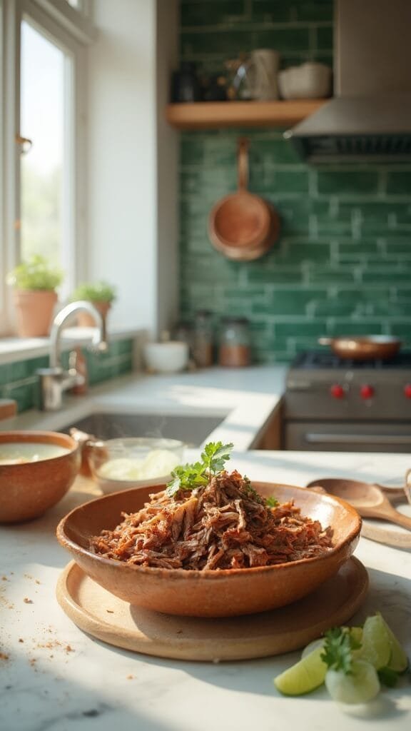 Slow Cooker Keto Beef Barbacoa 7 Professional food photograph of shredded barbacoa beef in a rustic ceramic bowl, garnished with lime and cilantro in a modern kitchen with green subway tile backsplash and white marble countertops.