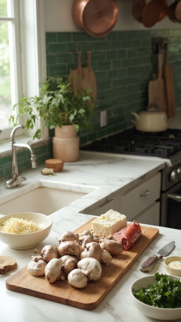 Low-Carb Stuffed Mushrooms With Sausage 3 Fresh ingredients for cooking including cremini mushrooms, italian sausage, cream cheese, parmesan, garlic and parsley on a modern kitchen countertop with wooden utensils and ceramic bowls.